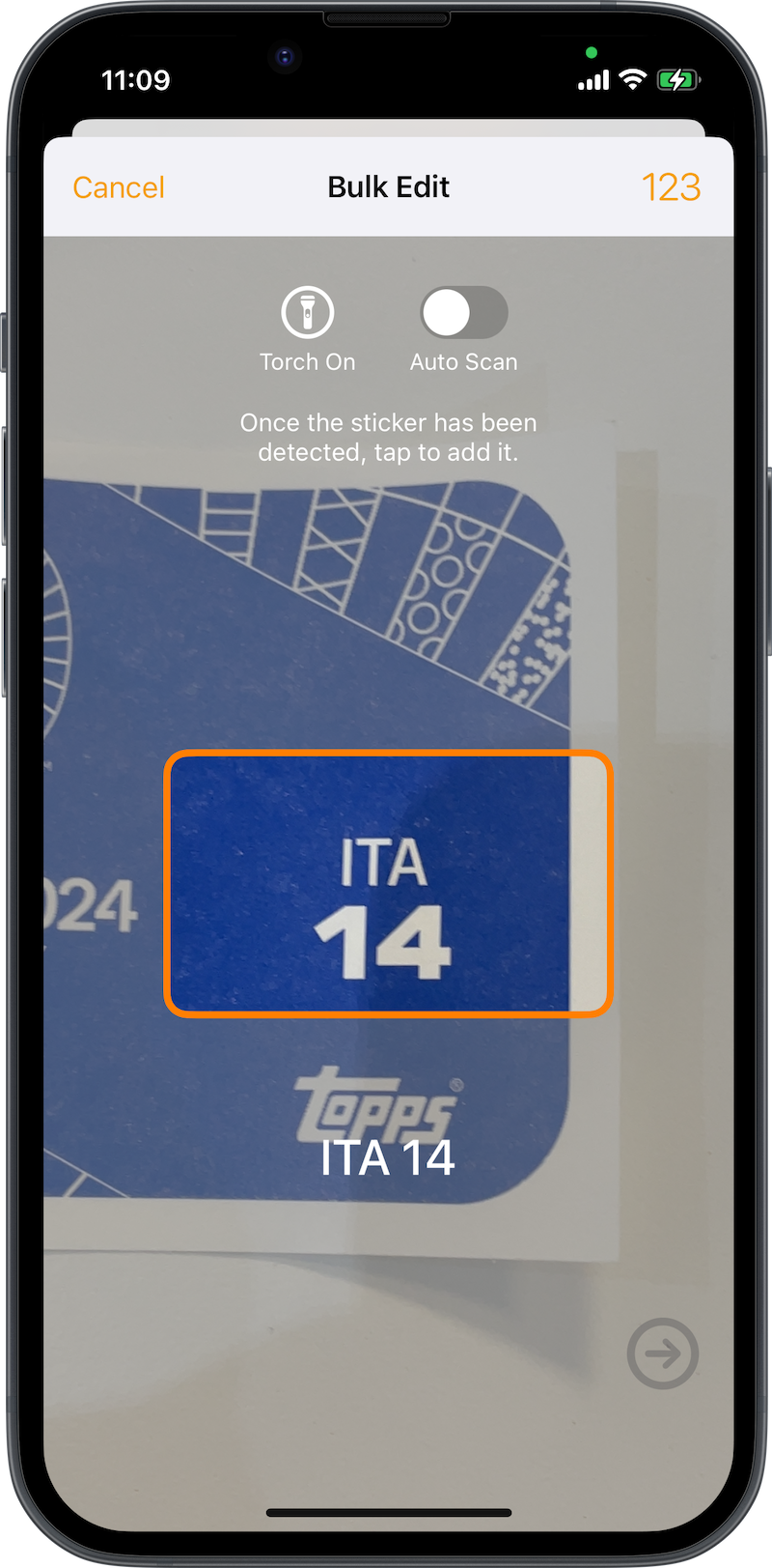 Scanning a sticker number in the Stickers app